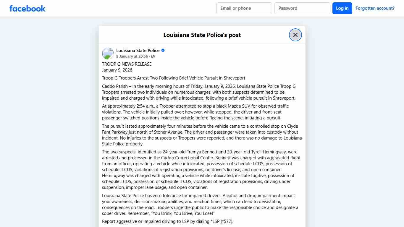 TROOP G NEWS RELEASE January 9,... - Louisiana State Police Facebook