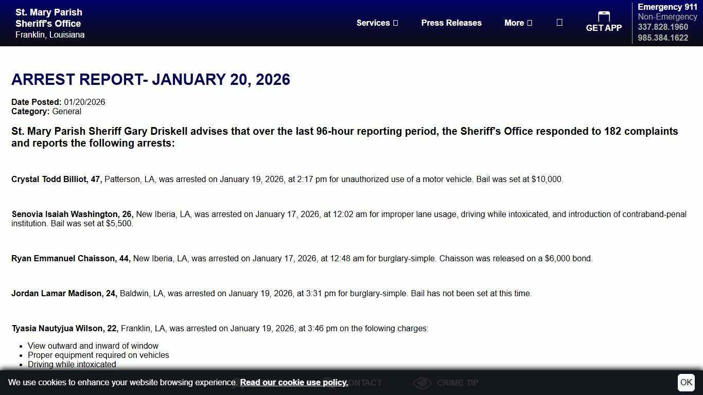 Arrest Report- January 20, 2026 St. Mary Parish Sheriff's Office, Louisiana