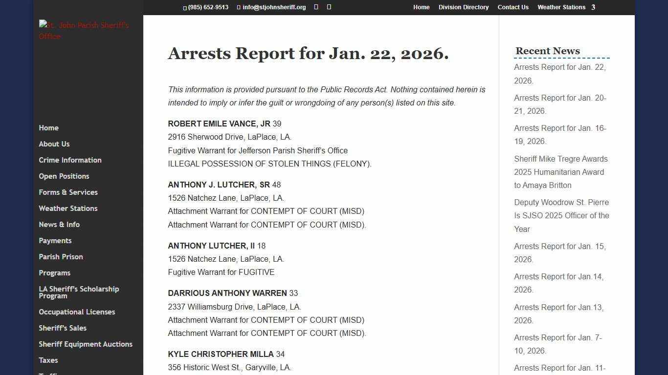 Arrests Report for Jan. 22, 2026. St. John Parish Sheriff's Office