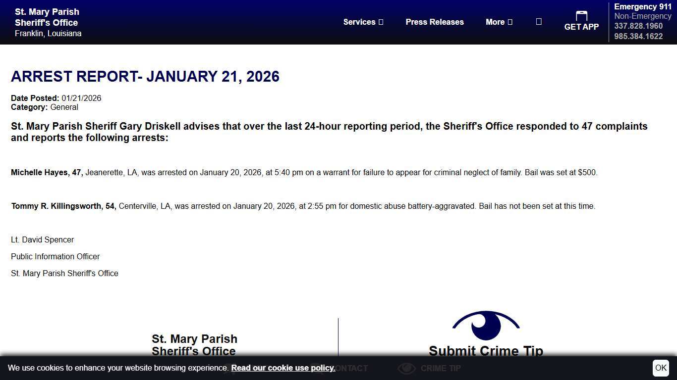 Arrest Report- January 21, 2026 St. Mary Parish Sheriff's Office, Louisiana